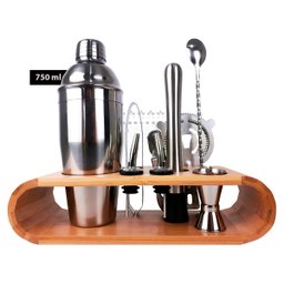 Coqueteleira Profissional Com Acessórios em Aço Inox 750ml Kit Barman Base em Madeira - Premium - 2