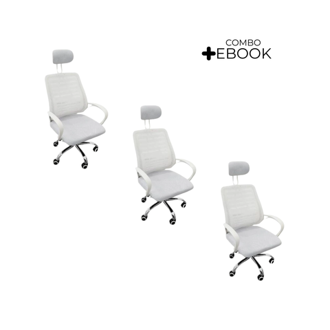 Kit 3 Cadeiras Escritório Diretor Mesh Encosto Cabeça Branco + E-book