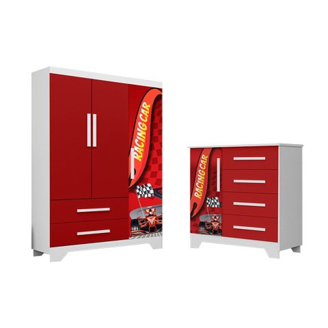 Conjunto Quarto Infantil Carros Vermelho Roupeiro e Cômoda MDF Organizador Completo Moderno