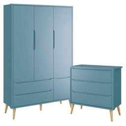 Cômoda Infantil Gaveteiro e Guarda Roupa 3 Portas Theo Azul com Pés Madeira Natural – Reller - 1