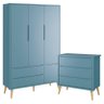 Cômoda Infantil Gaveteiro e Guarda Roupa 3 Portas Theo Azul com Pés Madeira Natural – Reller - 1