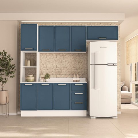 Cozinha Amara 4 Peças 240cm Armários Aéreos Paneleiro Balcão Tampo Rodapé Branco/Azul 250096