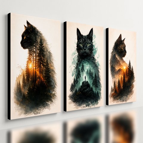 Kit 3 Quadro Decorativo Gatos Floresta Moderno Luxo Qualidade Premium 40x28cm