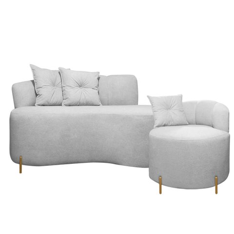 Sofá Redondo Grécia 1.45m 2 Lugares + Poltrona Bouclê Cinza com Pés de Metal Sofa Store