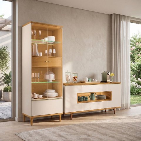 Kit Aparador Buffet Lizzano e Cristaleira com LED para Sala de Jantar Lúmen B01 Off White Cinamomo -