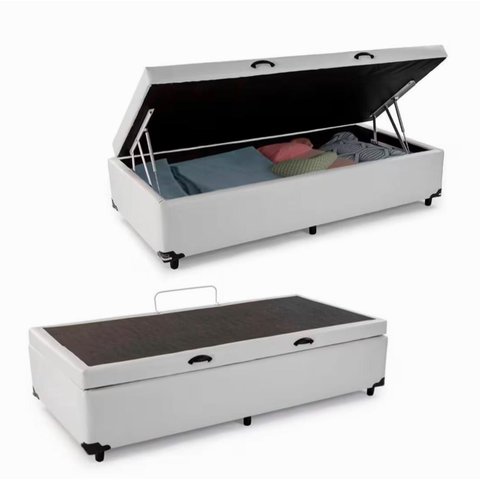Cama Báu Box Base Solteiro Sintético Branco Blindado com Pistões a Gás.