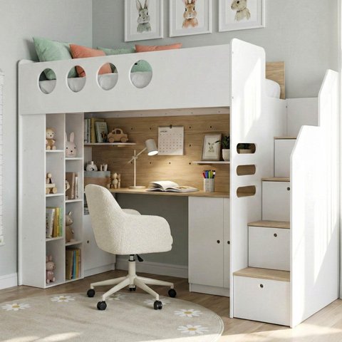 Cama Alta Office com Armários Baixos Star Maker Casatema MadeiraOriginals Branco/Itapoã