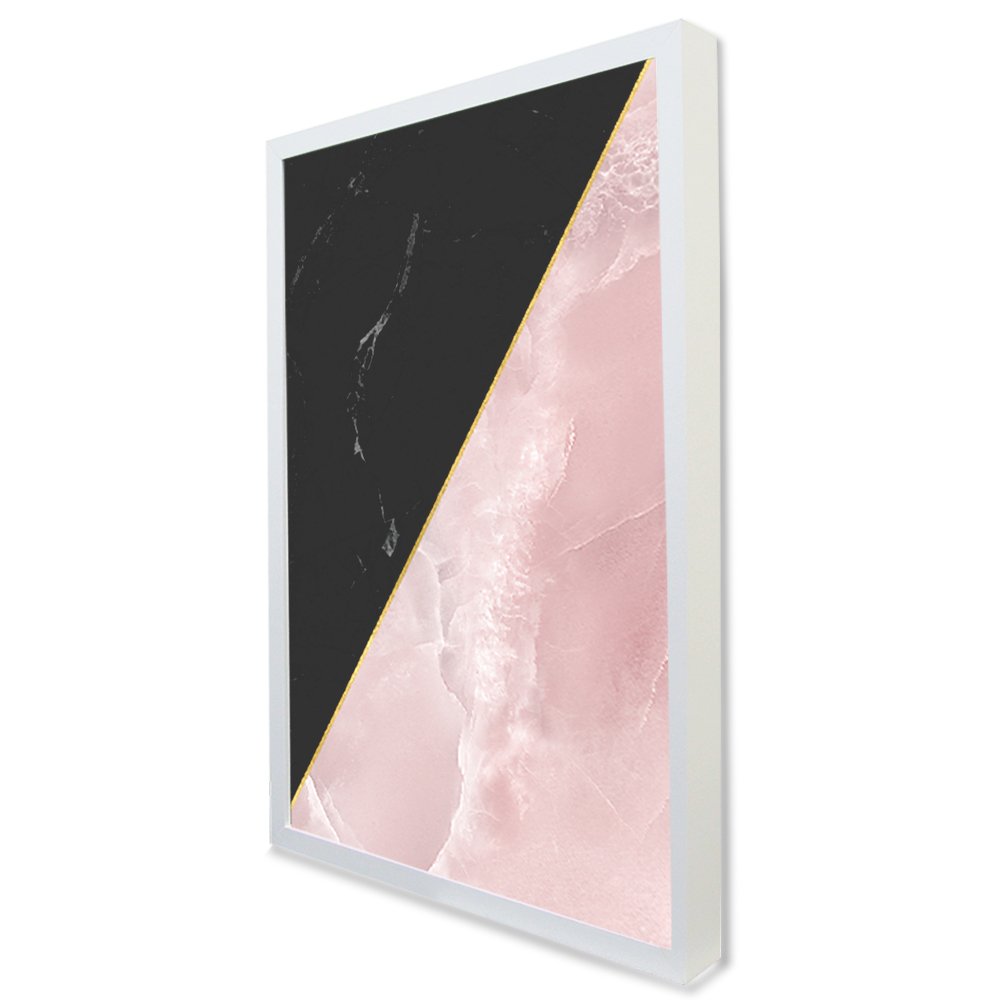 Quadro Decorativo Caixa Geométrico Mármore Preto e Rosa Tacolado Moldura Caixa 3cm Madeira com Vidro - 1