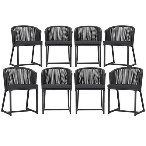 8 Cadeiras de Jantar Área Noronha em Alumínio com Pintura Preta Corda Náutica Estofado 11 Trama Orig