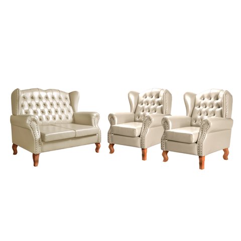 Conjunto Imperador Sofá Chesterfield Decoração Sala Recepção Estilo Vintage - Couríssimo Bege