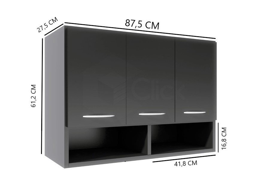 Módulo Aéreo 3 Portas Armário Parede Cozinha Multiuso ClickForte Armário Aéreo Parede 3 Portas Preto - 12