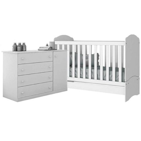 Quarto Infantil MDF Flat Mel Cômoda Sapateira 4 Gavetas + Berço Mini Cama Branco