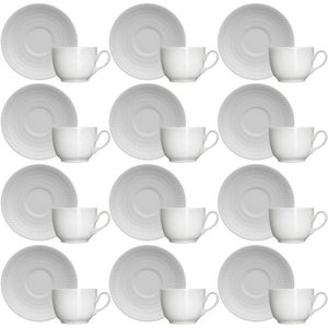 Jogo 12 Xícaras com Pires 75ml Café Porcelana Branca Relevo Chevron Germer