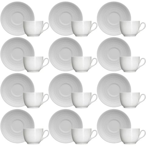 Jogo 12 Xícaras com Pires 75ml Café Porcelana Branca Relevo Chevron Germer
