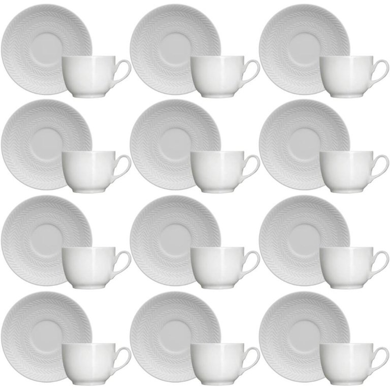 Jogo 12 Xícaras com Pires 75ml Café Porcelana Branca Relevo Chevron Germer