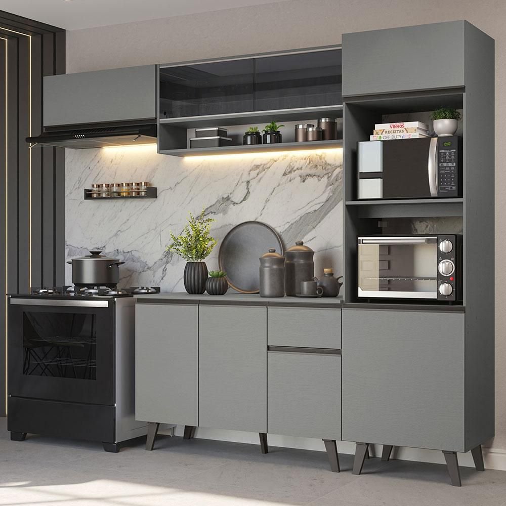 Armário de Cozinha Completa 260cm Cinza Nice Madesa 03