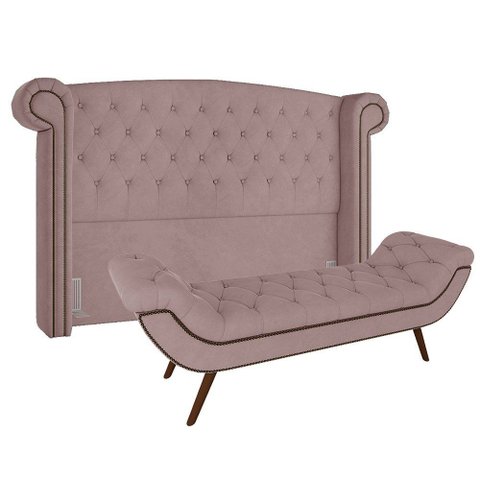 Kit Cabeceira Estofada Box Queen Valencia e Recamier Veneza 160 Cm Tca 949 - Veludo Rose