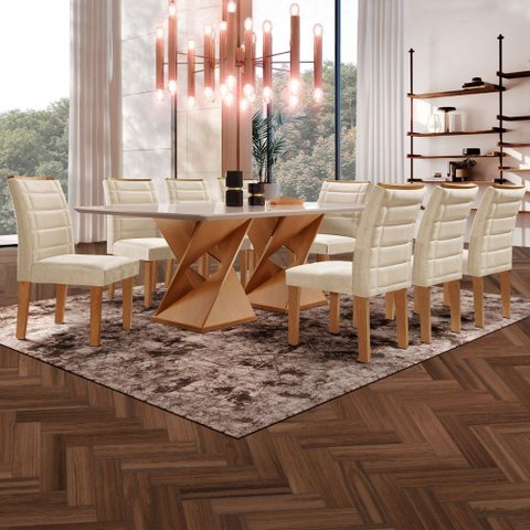 Mesa de Jantar 8 Lugares Genova com Vidro Cinamomo/Off White/Bege - Cel Móveis