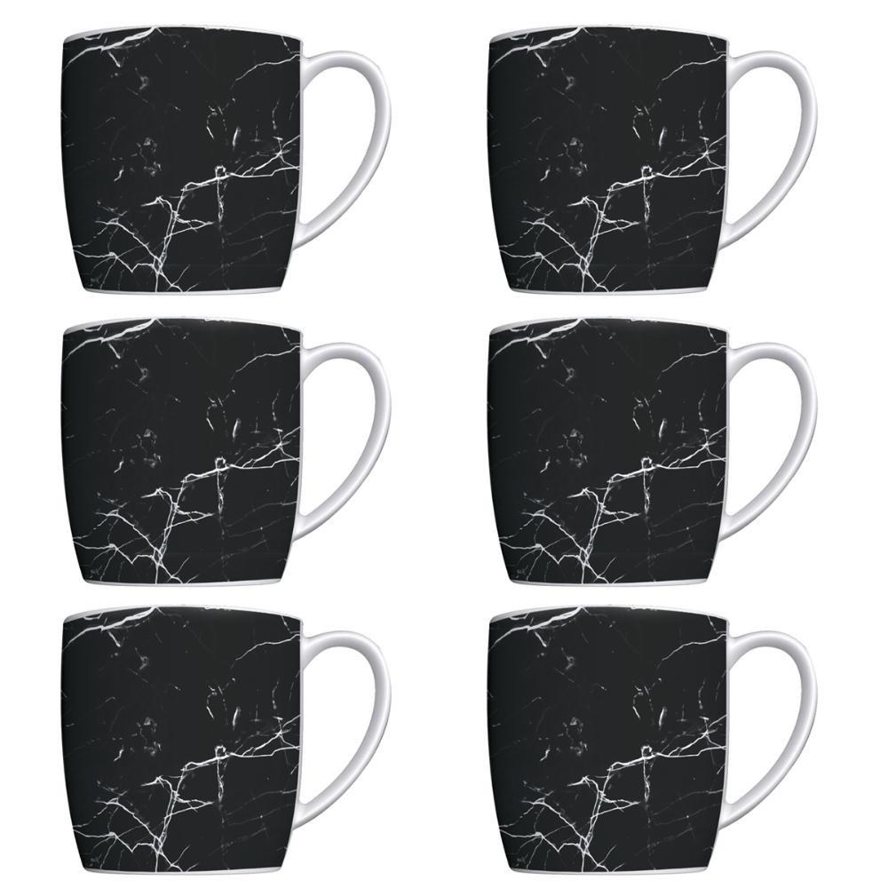 Conjunto 6 Canecas para Café Jogo Xícaras de Porcelana Preto Nero Marmorizado - 1