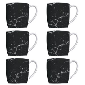 Conjunto 6 Canecas para Café Jogo Xícaras de Porcelana Preto Nero Marmorizado