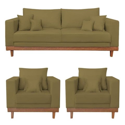 Kit 2 Poltronas Living + Sofá 2 Lugares Base Madeira Suede Capuccino