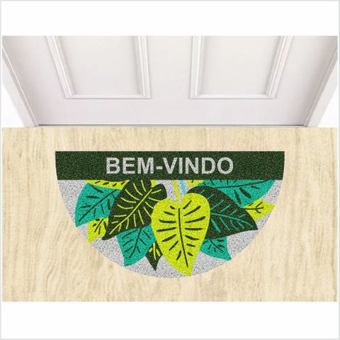 TAPETE CAPACHO BEM VINDO, FORMATO MEIA LUA COM PLANTAS.