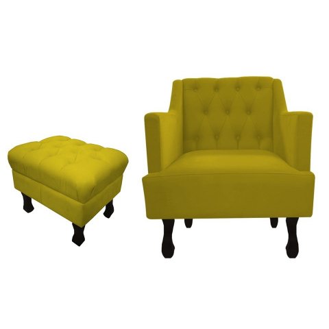 Kit Poltrona Decorativa Julia + Puff Luis Xv Couro Amarelo Pés Madeira Ms Decor