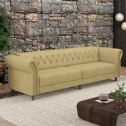 Sofá Living Sala de Estar Stanford Chesterfield 3 Lugares 260cm Pés de Madeira Couro Bege G58 - Gran