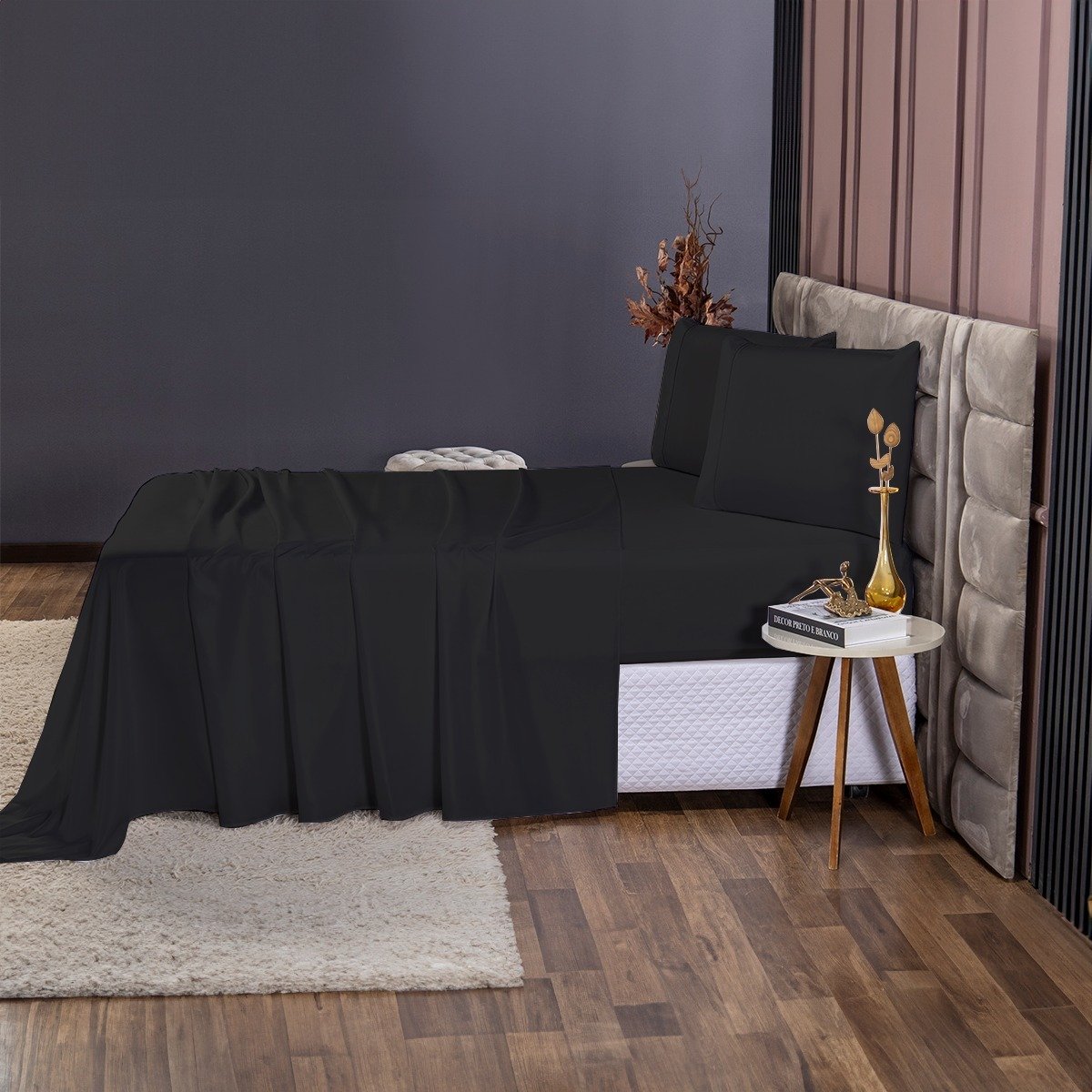 Conjunto de Cama Casal 400 Fios Percal 4 Peças Toque Macio Cor:preto - 3