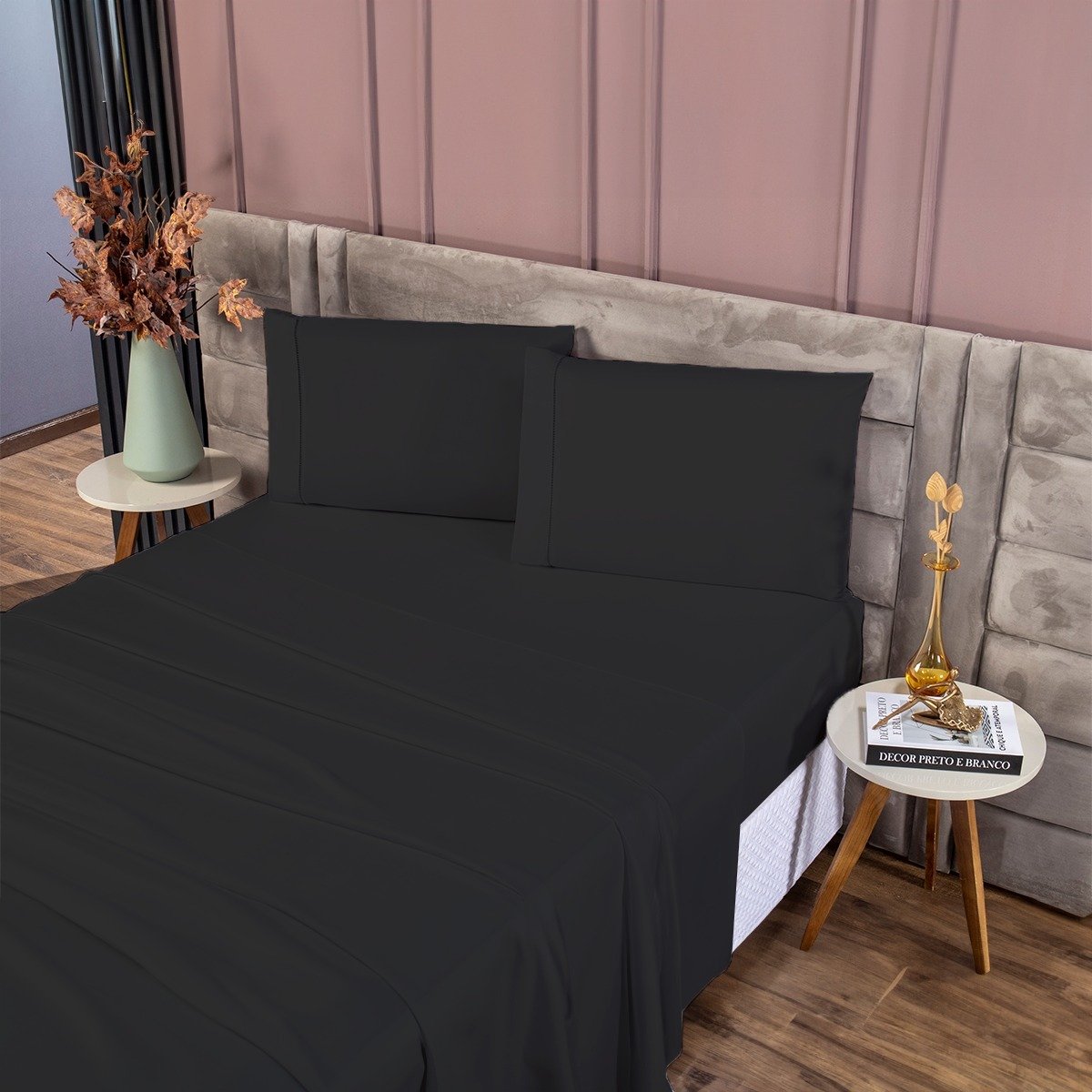 Conjunto de Cama Casal 400 Fios Percal 4 Peças Toque Macio Cor:preto - 4