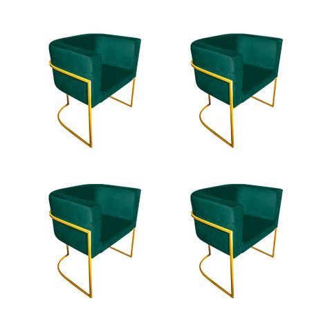 Kit 4 Poltronas Decorativa Sala de Estar Base de Ferro Dourada Veludo Verde