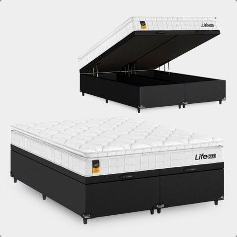 Cama Box Baú Casal Bipartido Suede Preto + Colchão Life D33 Pillow Top 61x138x188cm Branco