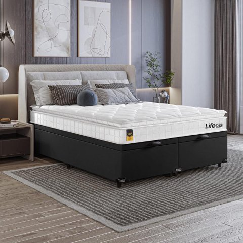 Cama Box Baú Casal Bipartido Couro Preto + Colchão Life D33 Pillow Top 61x138x188cm Branco