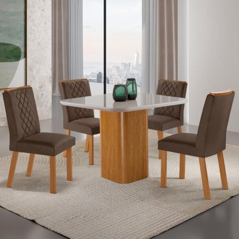 Conjunto Mesa de Jantar 90cm com 4 Cadeiras Estofadas Multimóveis Crrft-CON050 Madeirado/Off White/