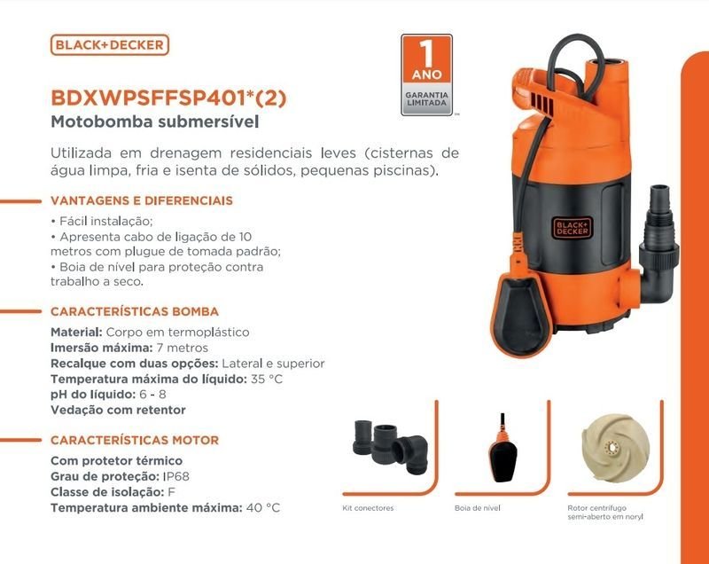 Bomba Black+decker Submersível Bdxwpsffsp401 0.5cv Monofásico 127v Laranja 127 (m) - 2