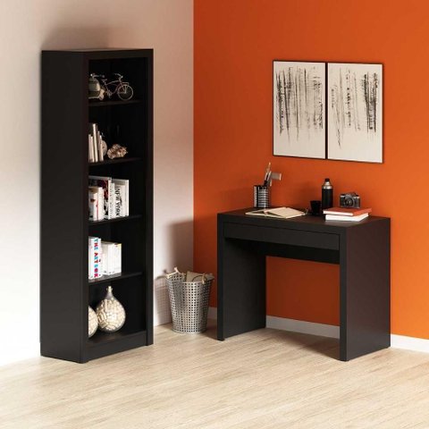 Kit Escritório Home Office Mesa com Gaveta e Estante MDP Preto Tecno Mobili