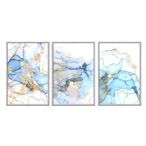 Kit 3 Quadros Decorativos 60x80cm Vidro Marmore Azul e Dourado Abg024