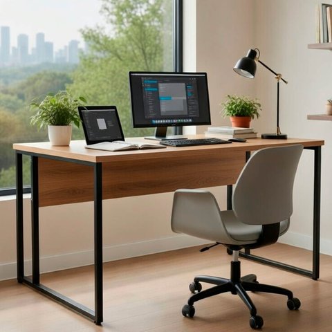 Mesa Escrivaninha Office Tampo Grosso Industrial 1,28m Nogal/preto
