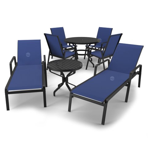 Kit Espreguiçadeira Cadeira Mesa Alumínio Preto Tela Azul