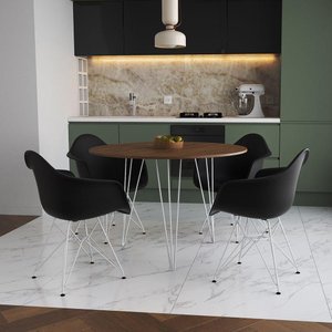 Mesa Jantar Redonda 90Cm Amêndoa Clips 3 Pés Com 4 Poltronas Pretas Ferro Branco - Cor: Amendoa