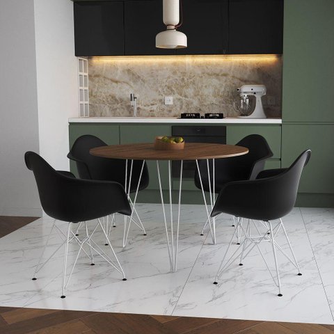 Mesa Jantar Redonda 90Cm Amêndoa Clips 3 Pés Com 4 Poltronas Pretas Ferro Branco - Cor: Amendoa