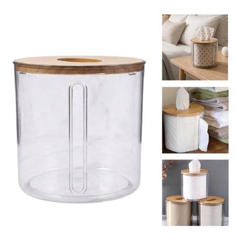 Porta Lenço Acrílico com Tampa Bambu Organizador Decorativo