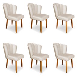 Kit 6 Cadeiras de Jantar Pétala Estofada Pés Palito Veludo Bege - Montanaris Decor - 1
