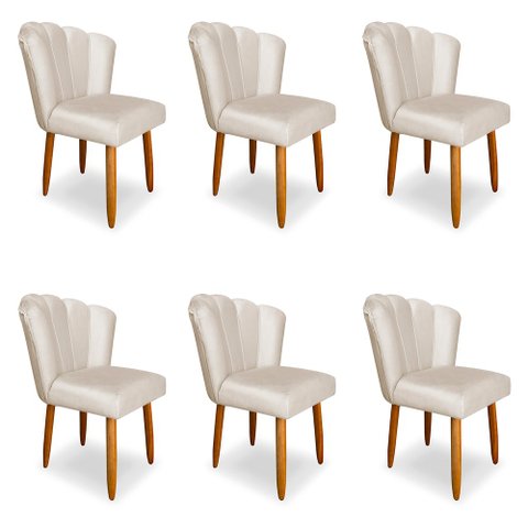 Kit 6 Cadeiras de Jantar Pétala Estofada Pés Palito Veludo Bege - Montanaris Decor