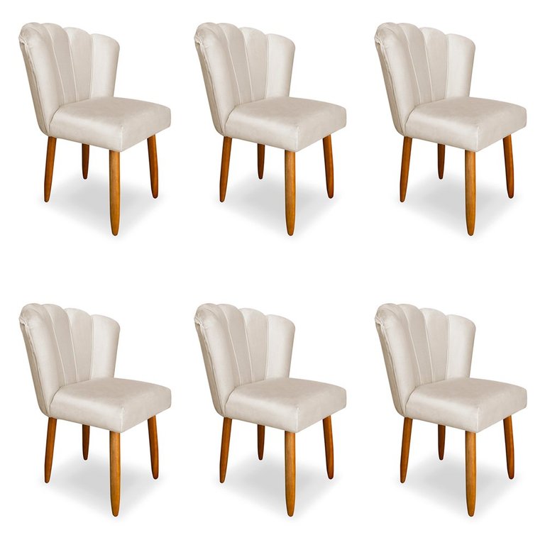 Kit 6 Cadeiras de Jantar Pétala Estofada Pés Palito Veludo Bege - Montanaris Decor
