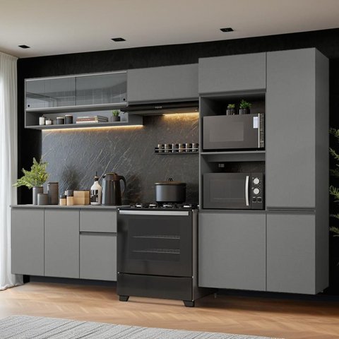 Armário de Cozinha Completa Suspenso Nimes 10 Portas 1 Gaveta MDF 300cm Cinza