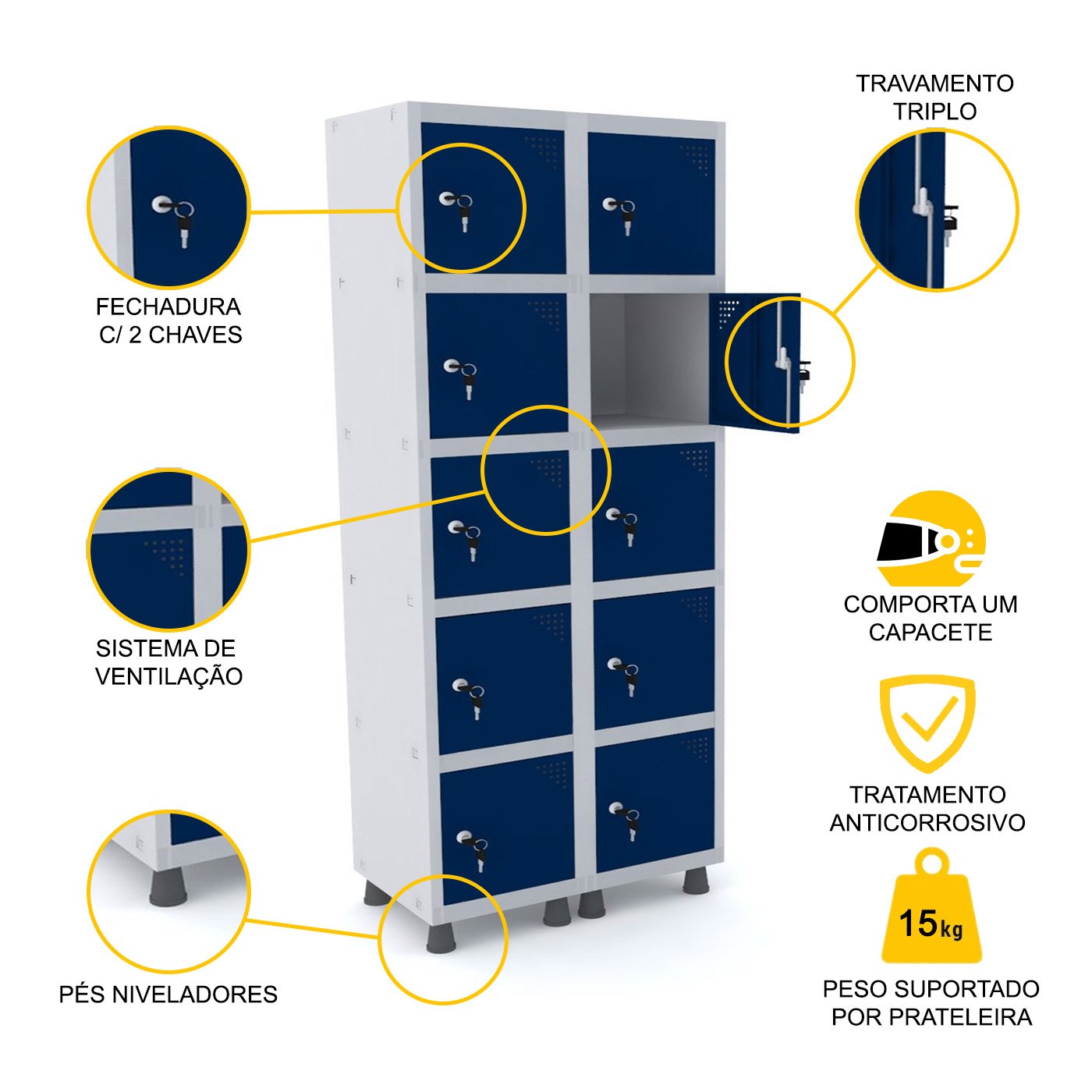 ROUPEIRO DE AÇO 2M 10 PORTAS FECHADURA PANDIN - CINZA/AZUL DEL REY GRF 502/10 DI - 3