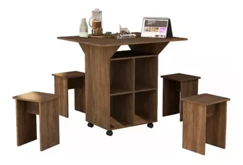 Ver imagem 2 de Mesa De Cozinha Dobrável 90cm Annie C/ Bancos e Rodizio 100% Mdf -Castanho
