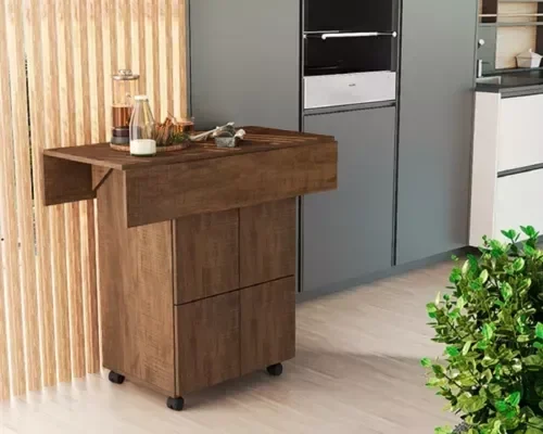 Mesa De Cozinha Dobrável 90cm Annie C/ Bancos e Rodizio 100% Mdf -Castanho - 3