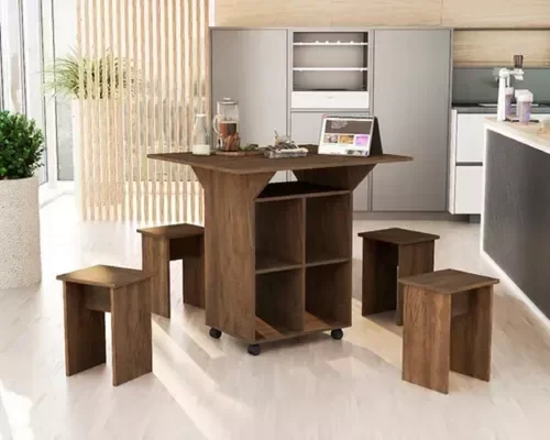 Mesa De Cozinha Dobrável 90cm Annie C/ Bancos e Rodizio 100% Mdf -Castanho